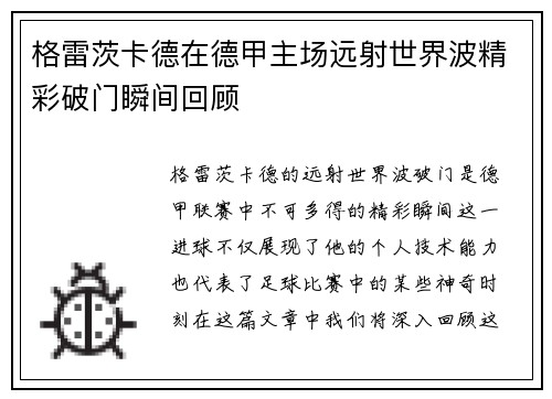 格雷茨卡德在德甲主场远射世界波精彩破门瞬间回顾 格雷茨卡德在德甲主场远射世界波精彩破门瞬间回顾
